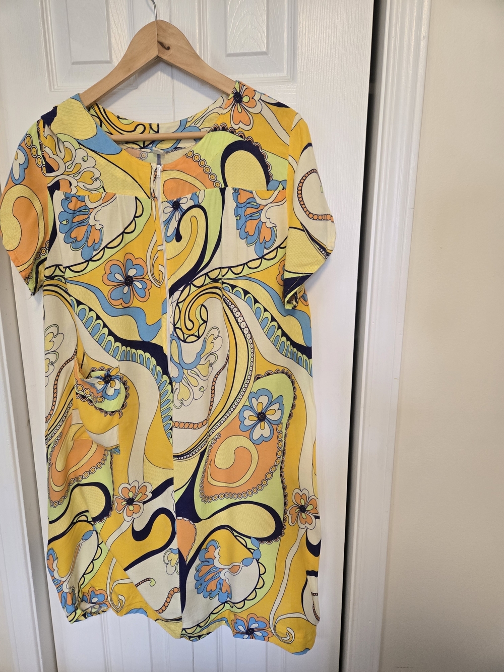 Late 60s Early 70s Rayon Yellow Multi-Pattern Short Sleeve House Dress